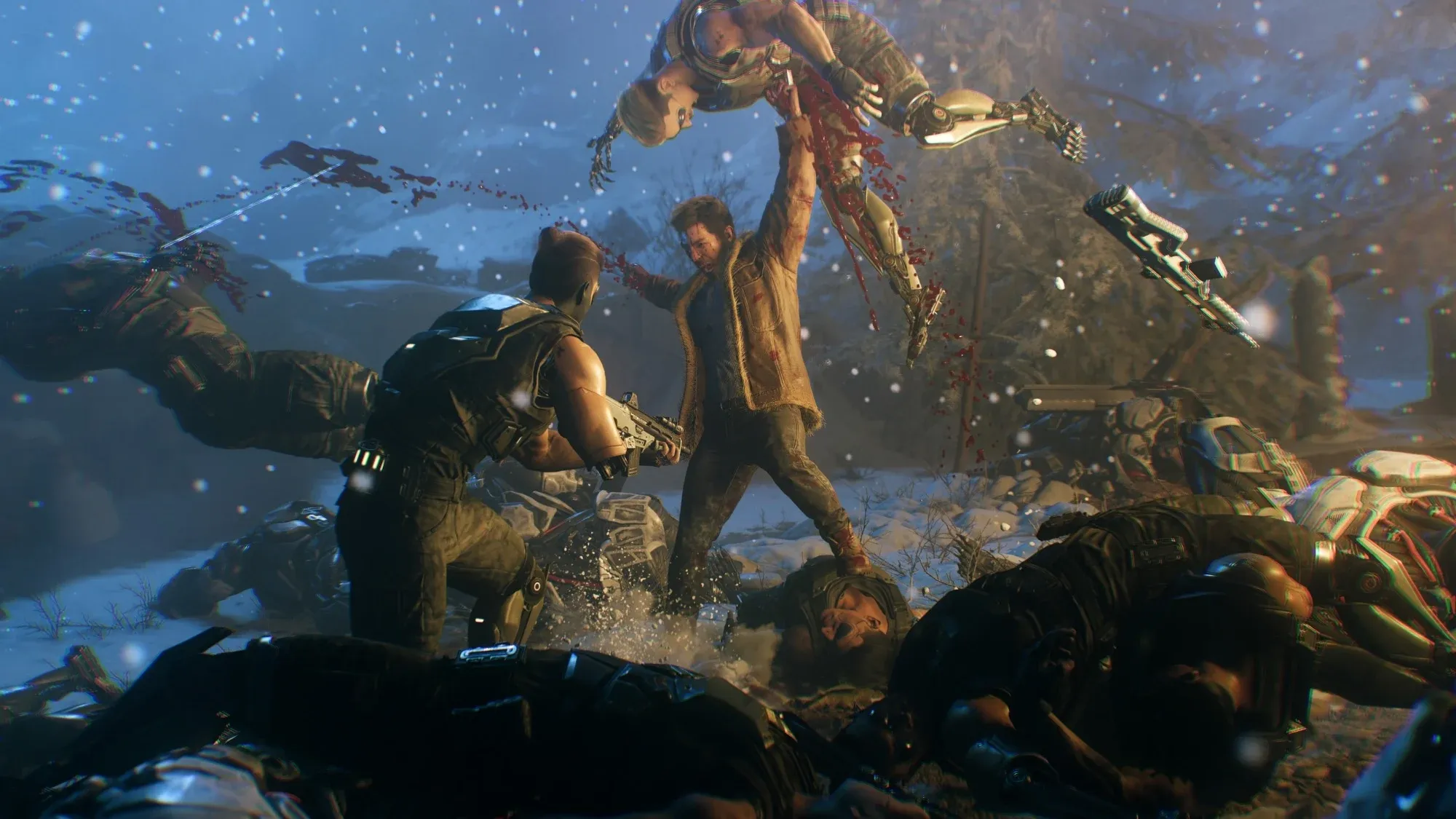 Wolverine battles armed enemies in a snowy landscape, lifting one opponent overhead as others surround him.
