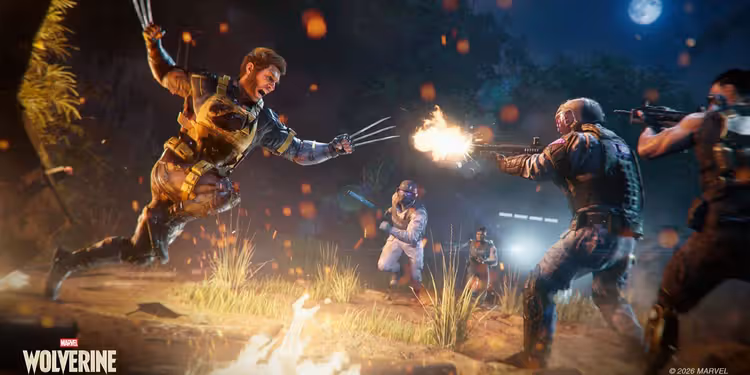 Wolverine lunges with his claws extended toward armed enemies during a nighttime battle, as gunfire and sparks illuminate the scene.