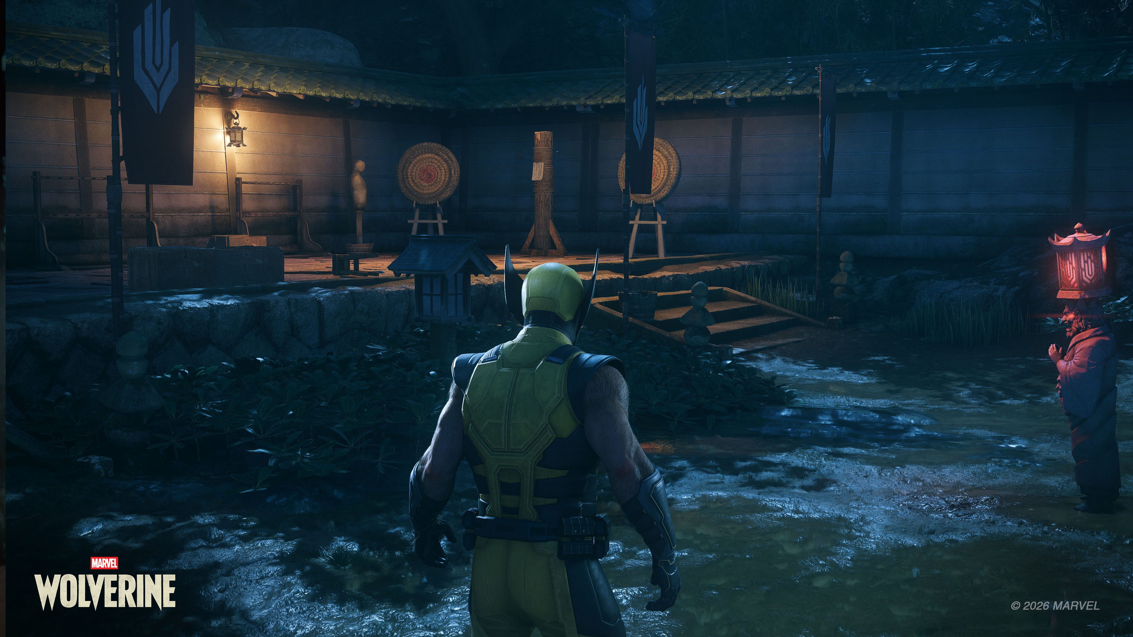 Wolverine in his yellow suit facing a traditional Japanese outdoor dōjō at night in official artwork from Marvel's Wolverine.
