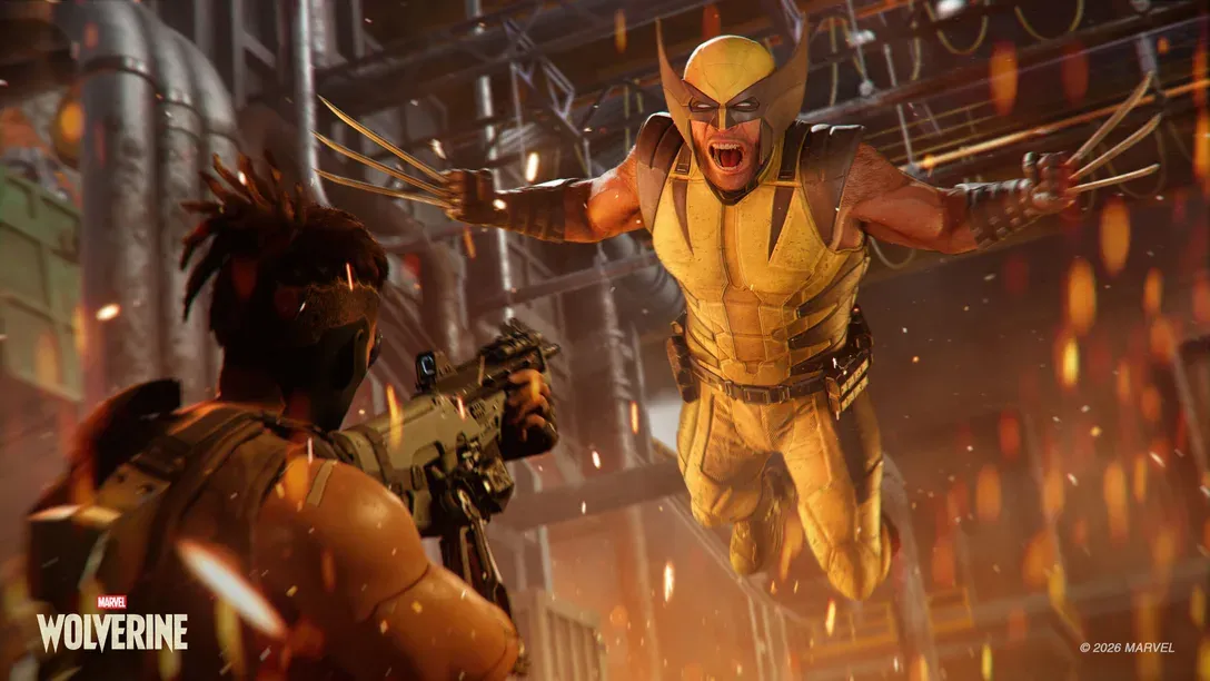 Wolverine leaps mid-air with extended adamantium claws toward a targeted enemy in 'Marvel’s Wolverine'