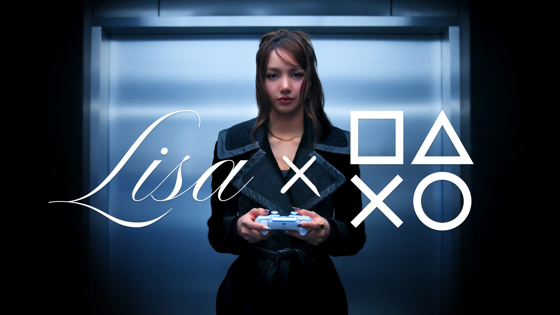 LISA stands in a blue-lit elevator holding a DualSense wireless controller, wearing a black coat. Her name appears in white script alongside the PlayStation shapes logo.
