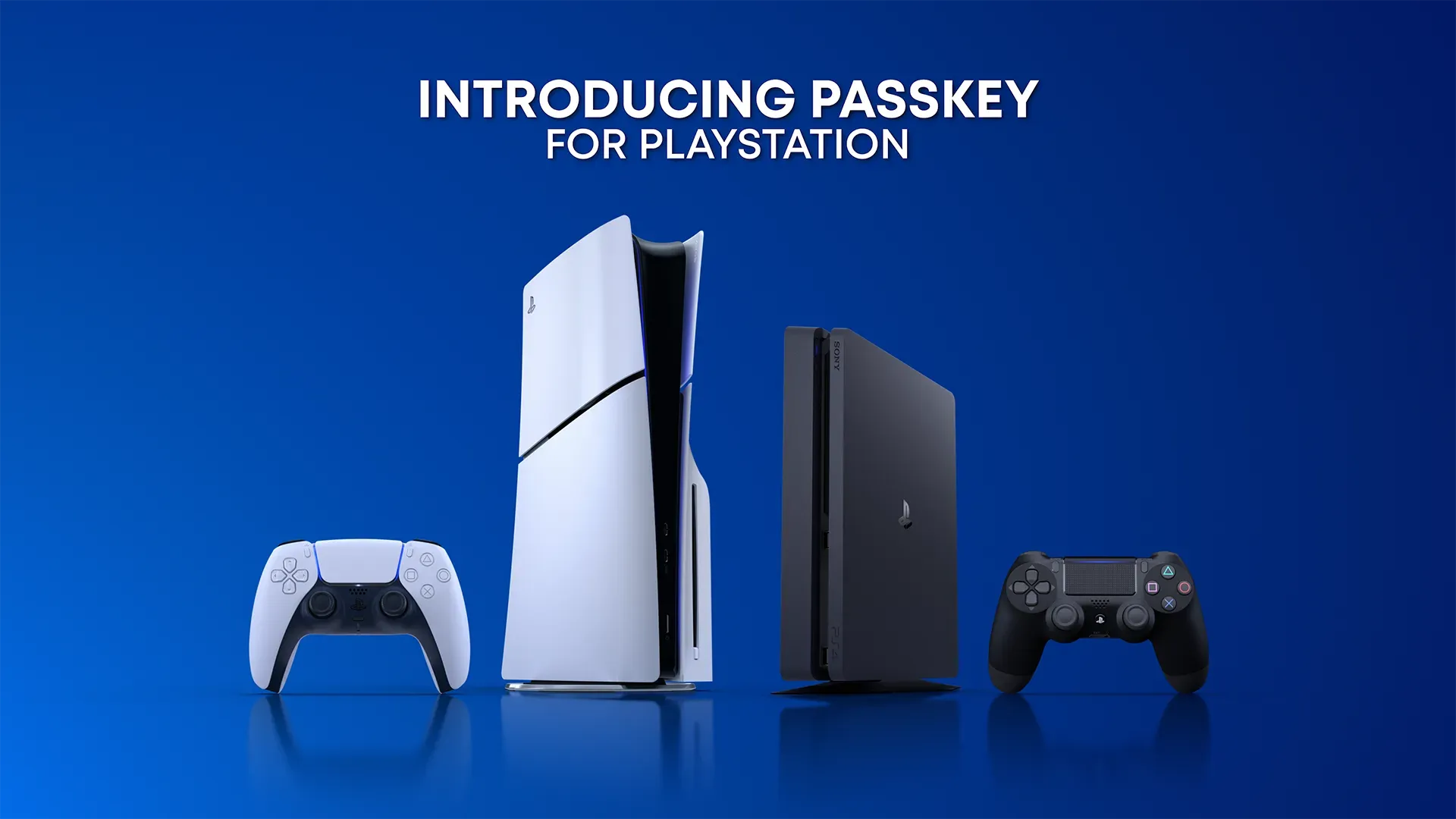PS5 and PS4 consoles with DualSense and DUALSHOCK 4 controllers displayed on a blue background under the text 'INTRODUCING PASSKEY FOR PLAYSTATION'.