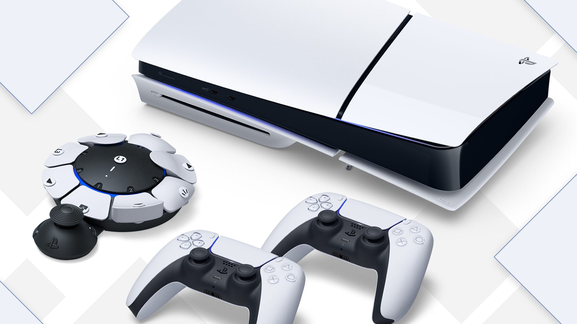 白地に菱形が浮かぶ背景に、PS5本体とDualSenseコントローラー2台、Accessコントローラーが表示されている画像