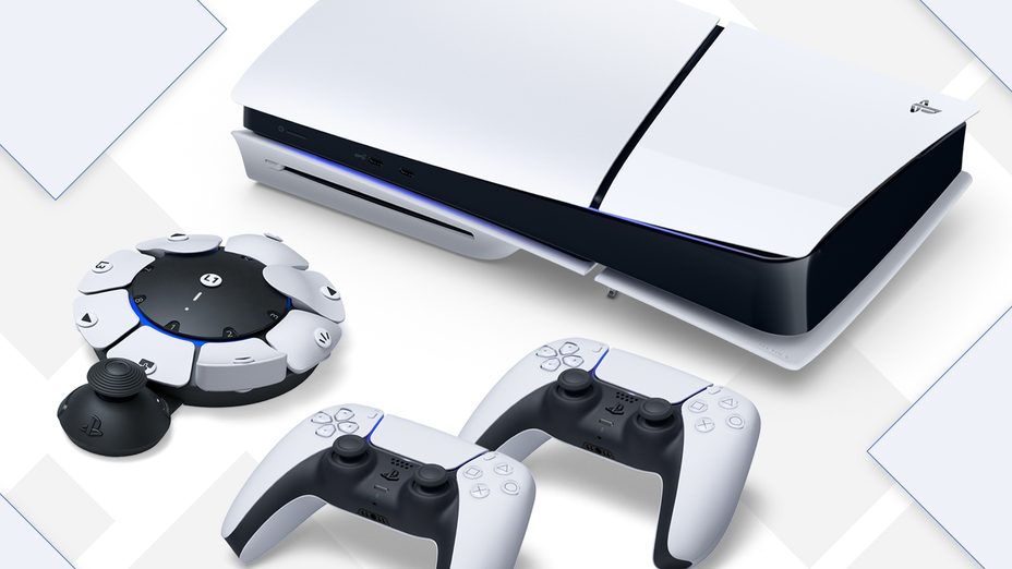 白地に菱形が浮かぶ背景に、PS5本体とDualSenseコントローラー2台、Accessコントローラーが表示されている画像