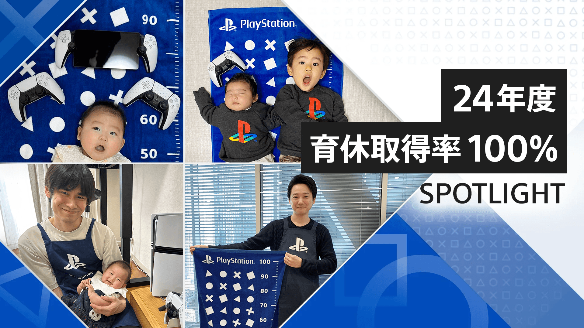 「24年度育休取得率100%」の文字。PlayStationの商品やグッズに囲まれた親子の写真のコラージュ。