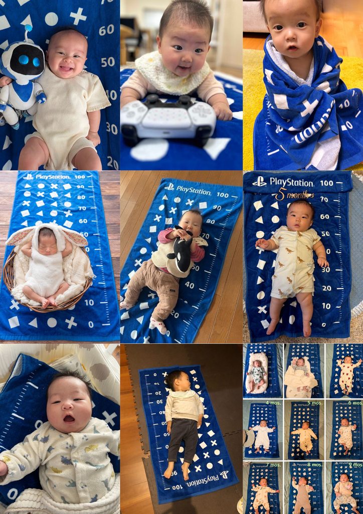 PlayStationバスタオルの上で、さまざまな赤ちゃんが笑ったり寝転んだりしている写真のコラージュ