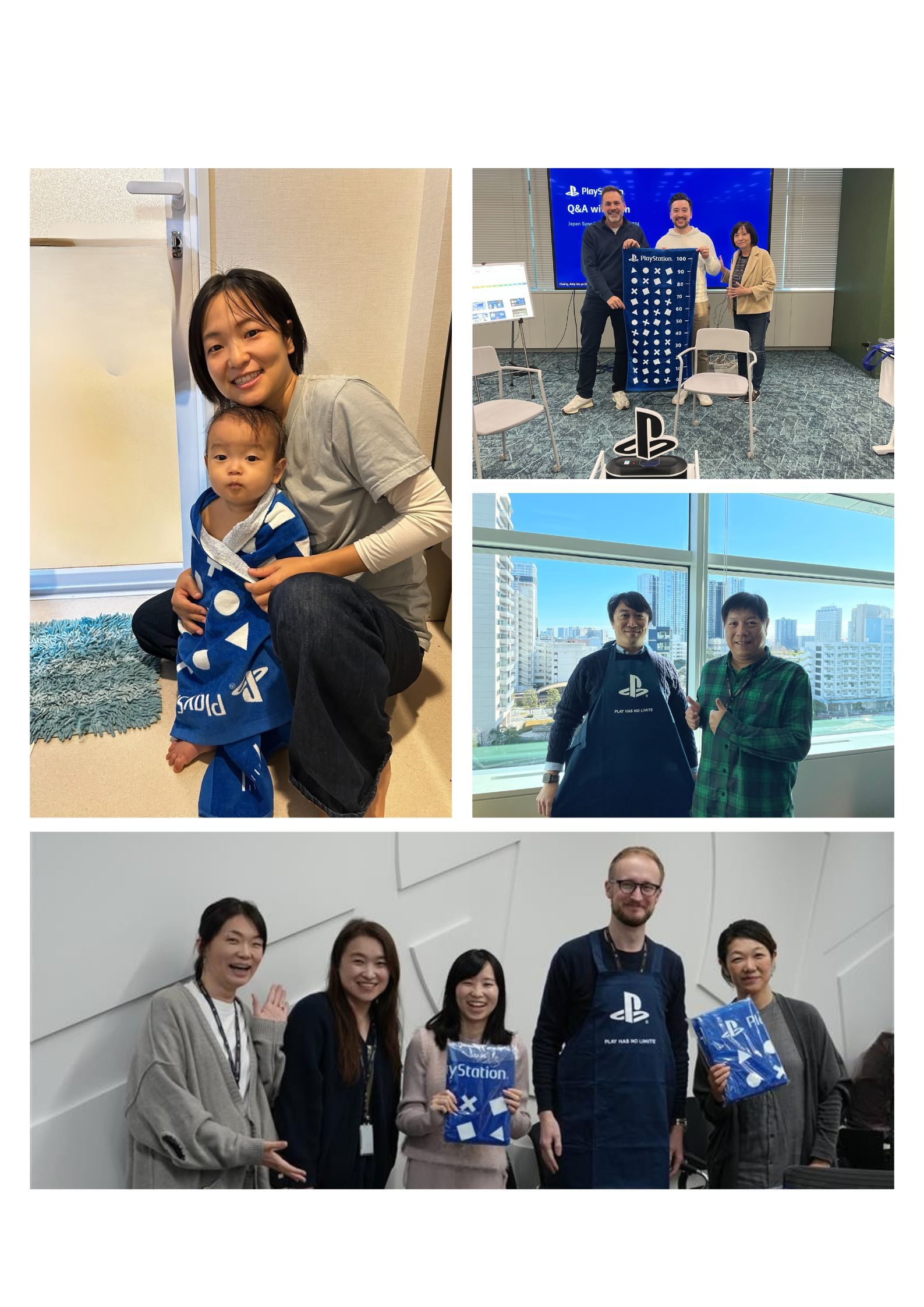 PlayStation グッズを手にした社員や家族が、オフィスや自宅で笑顔で写っている4枚の写真のコラージュ