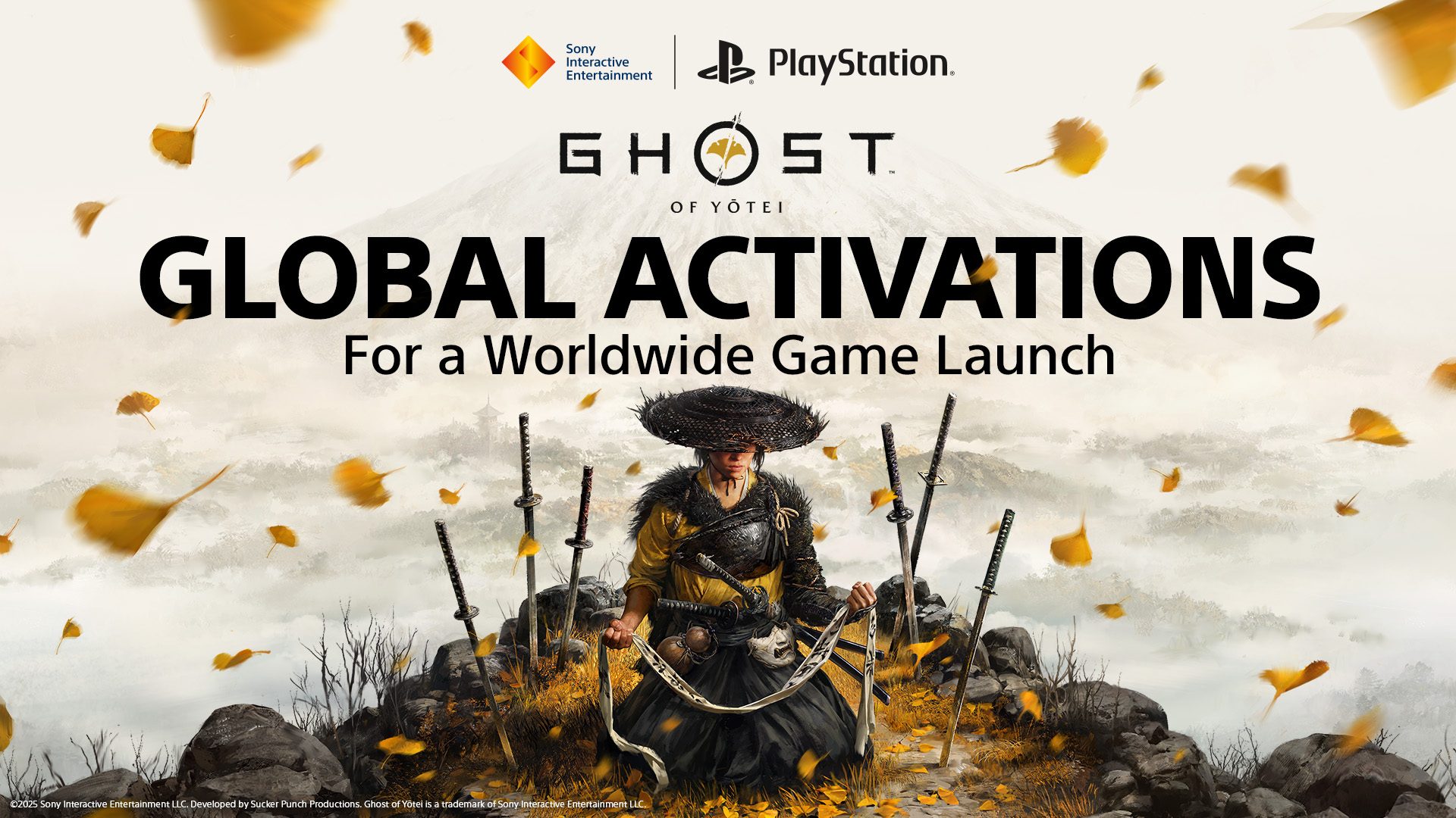 『Ghost of Yotei』の主人公が地面に座り、周りをイチョウの葉が舞っている。英字で「Ghost of Yotei Global Activations for a Worldwide Game Launch」と記載されている