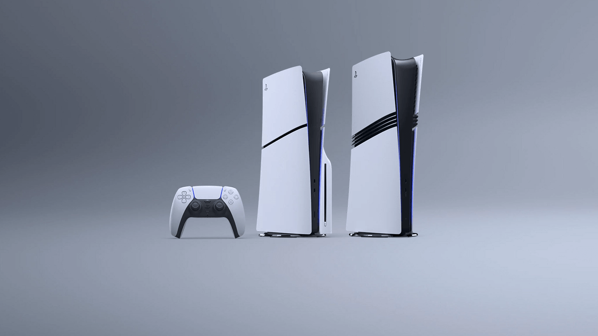 グレーの背景に、DualSense ワイヤレスコントローラー、PlayStation 5、そして PlayStation 5 Pro が縦に並んでいる