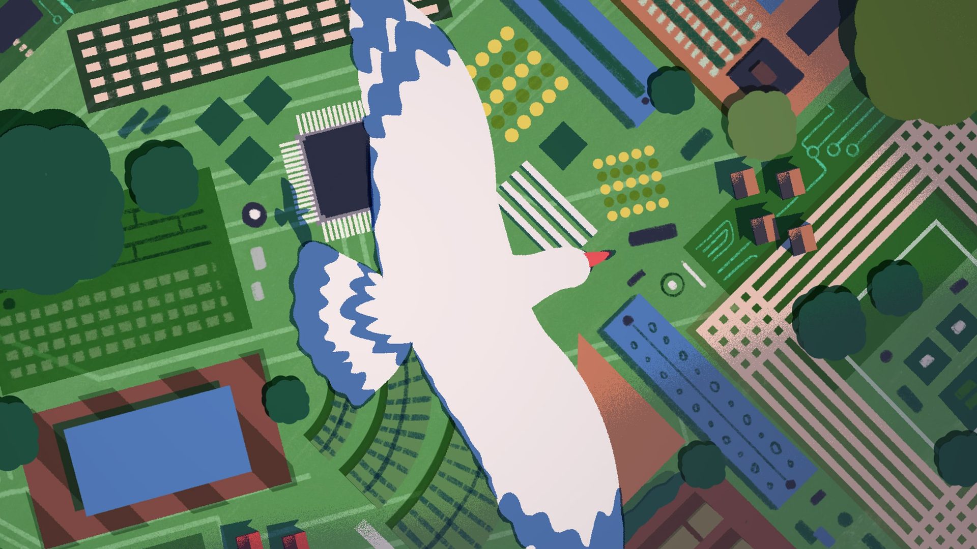 自然と回路基板の両方を思わせるデザインの緑の風景の上を飛ぶ、鳥のイラスト。