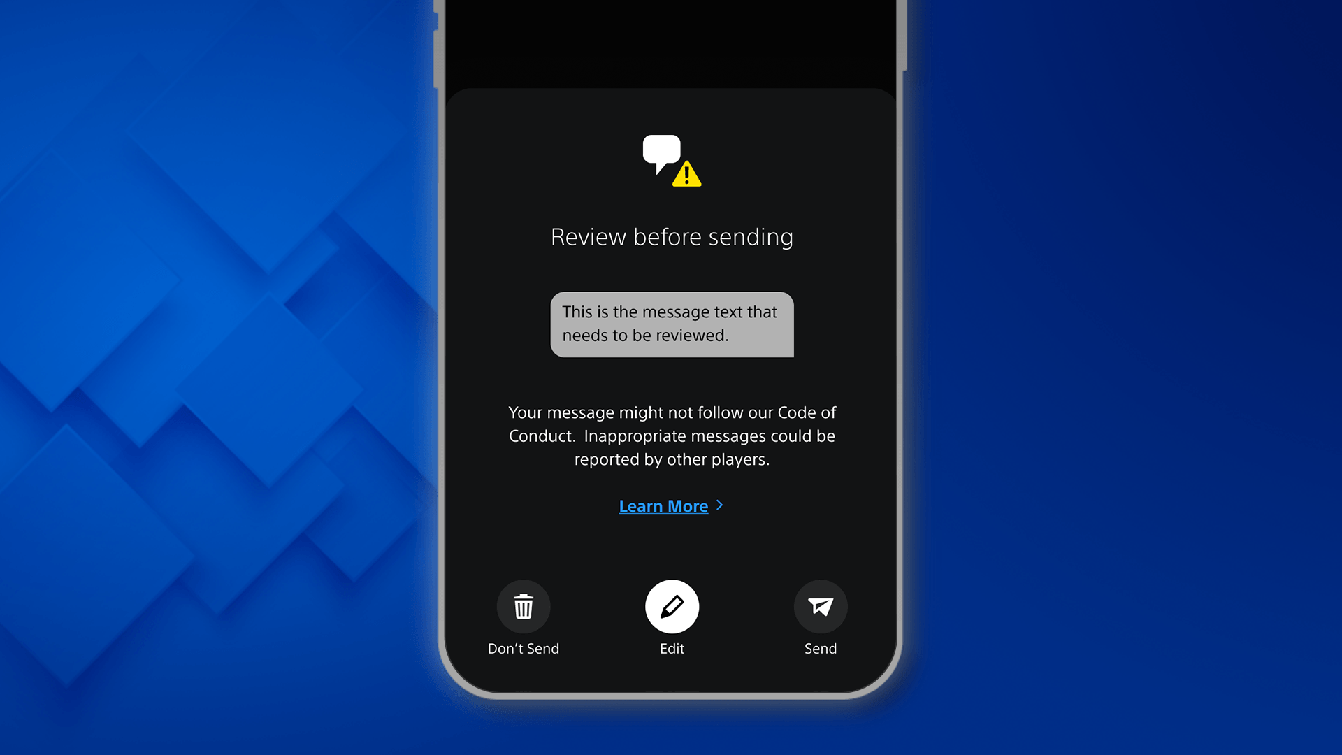 スマートフォンのモックアップ画面に「Nudge（ナッジ）機能」が表示されており、メッセージの内容が不適切、またはPlayStationの行動規範に反している可能性があるため送信前にメッセージの内容を見直すようプレイヤーに促している。