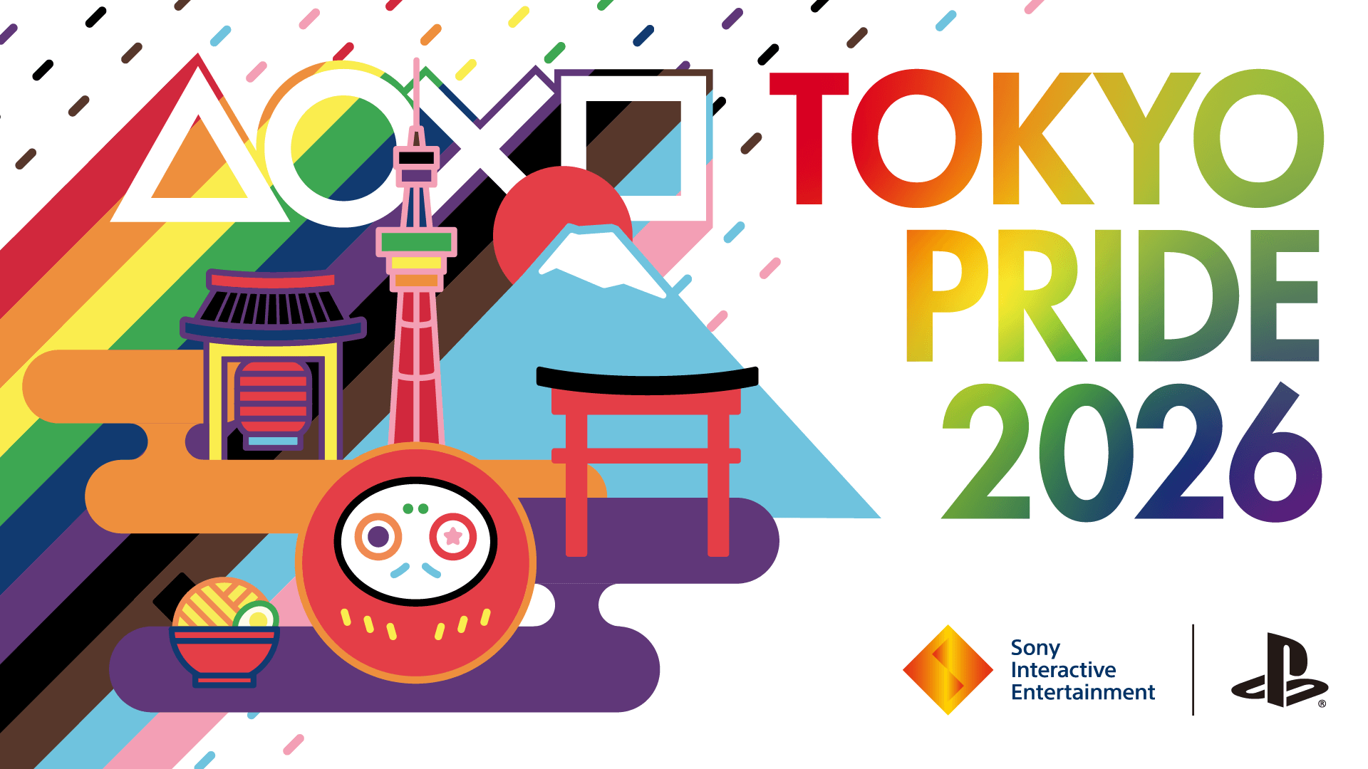 A colorful Sony Interactive Entertainment graphic celebrating "Tokyo Pride 2026." It features the text "TOKYO PRIDE 2026" in a rainbow gradient alongside the PlayStation logo. On the left, a vibrant illustration combines PlayStation controller symbols with iconic Japanese imagery, including Mount Fuji, Tokyo Skytree, a torii gate, and a daruma doll against a diagonal rainbow background.