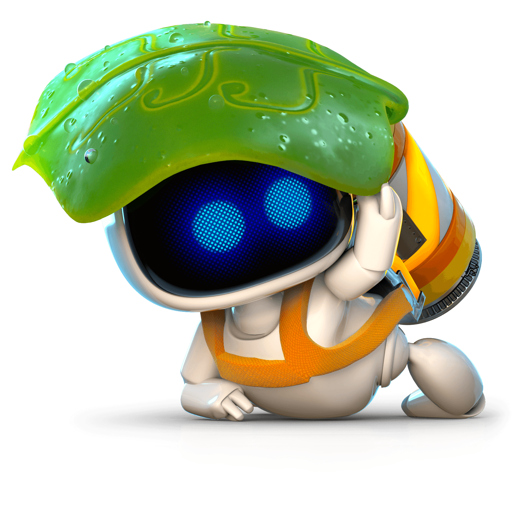 大きな葉っぱを頭にかざしているアストロボット