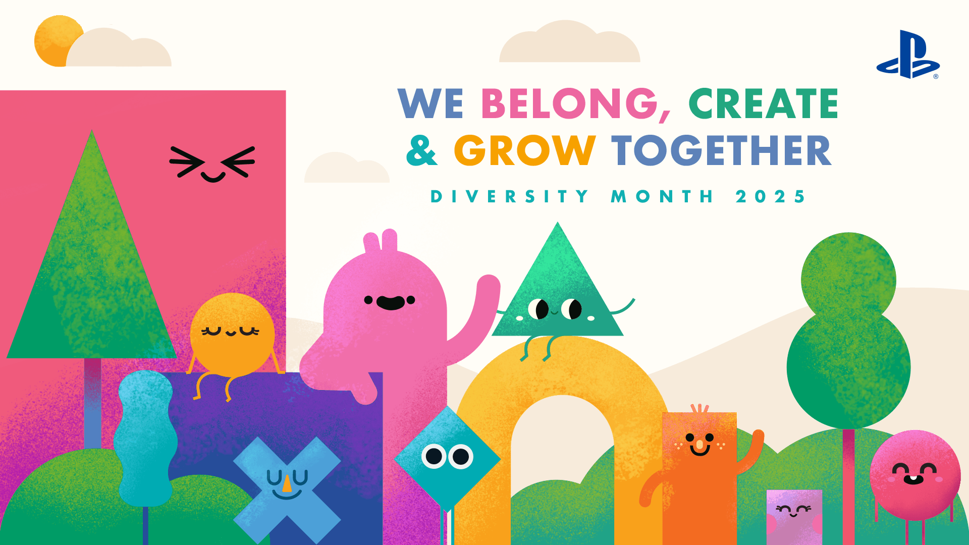 「WE BELONG, CREATE & GROW TOGETHER DIVERSITY MONTH 2025」の文字とカラフルなキャラクターのイラスト