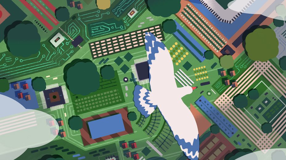 自然と回路基板の両方を思わせるデザインの緑の風景の上を飛ぶ、鳥のイラスト。