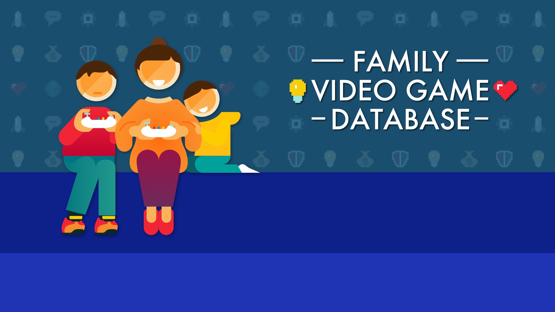 Two kids with their mother sitting on blue block with Family Video Game Database logo on the right side