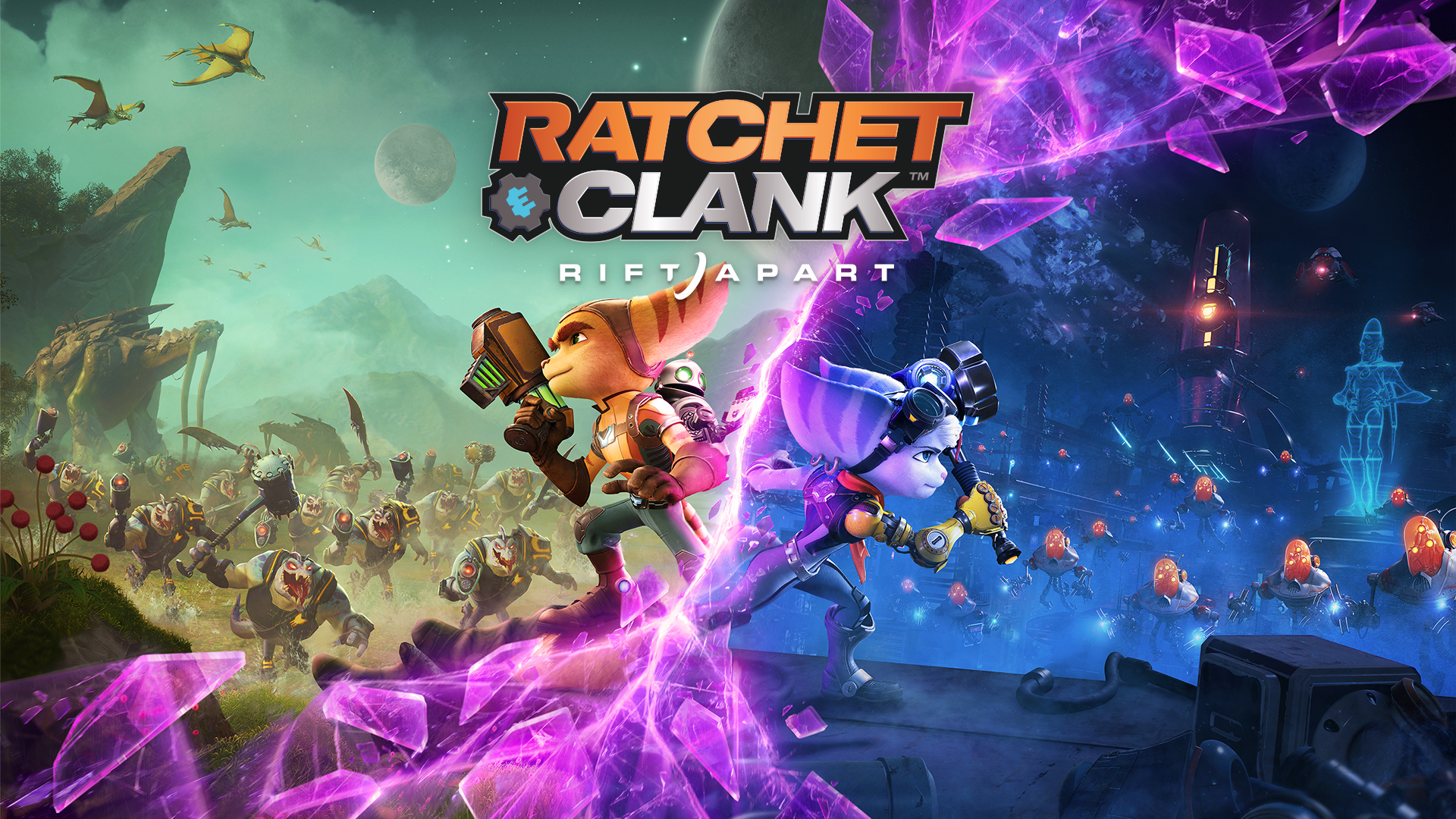 Ratchet and Rivet are standing in their own separate dimensions separated by a purple rift in the middle. Each are posing heroically with their weapons drawn and ready to fight the hordes of enemies surrounding them.