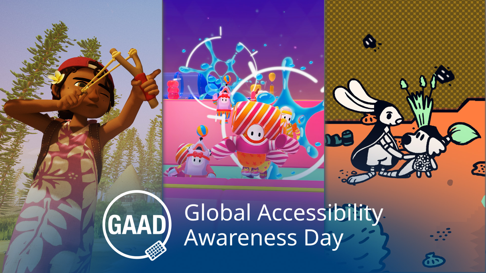 Three screen shots from independent games aligned horizontally. The images shown from left to right are an image from Tchia, Fall Guys, and Chicory. At the bottom is the logo for Global Accessibility Awareness Day.