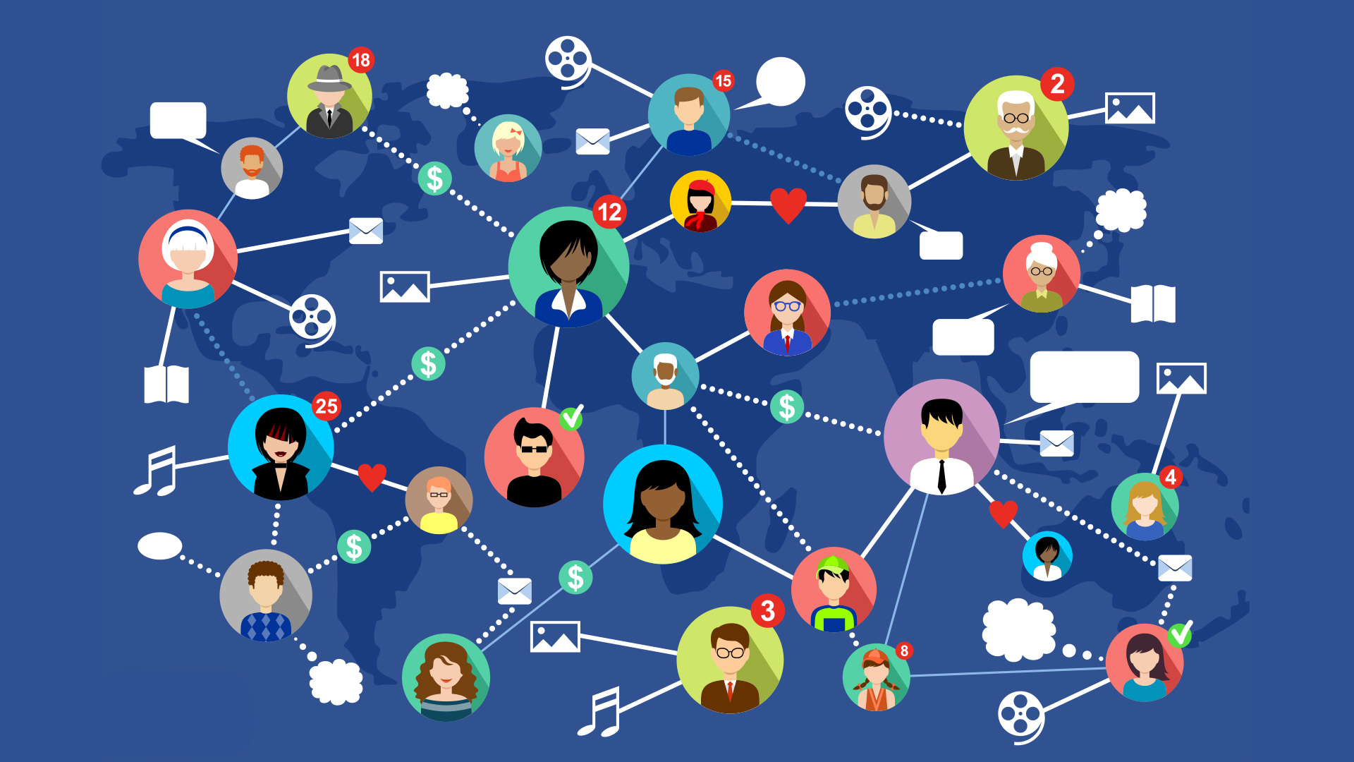 An interconnected web of icons on a field of blue featuring clipart of faceless employees of different races and genders connecting by lines to clipart of email, thought bubbles, and image icons.