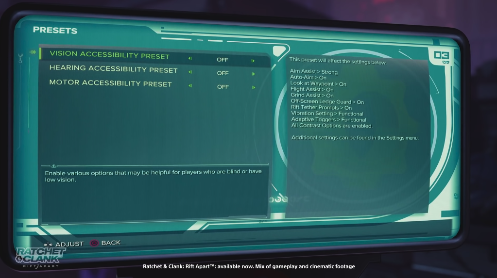 A screen shot of in-game accessibility features from Ratchet & Clank: Rift Apart. The features displayed are Vision, Hearing, and Motor accessibility features. 